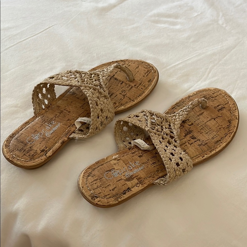 Tan Sandals with Cork Footbed and Lacy Straps
